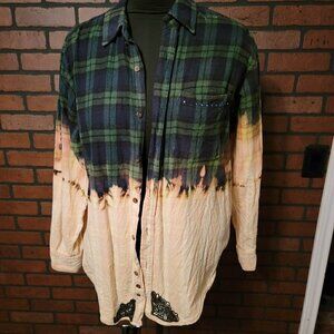 Custom Blue Green flannel plaid bleached shirt with sequined reindeer on back